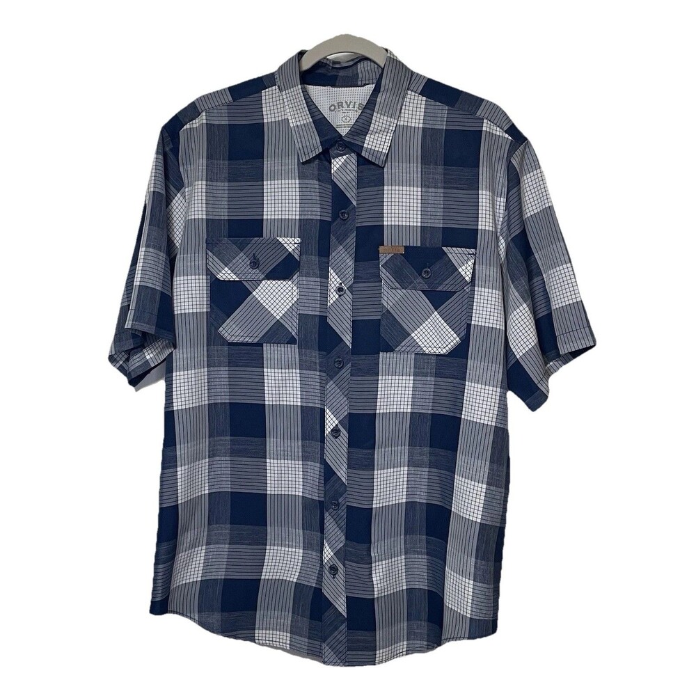 Orvis Men’s Short Sleeve Button Up Shirt Blue Plaid Size Large Outdoor Casual